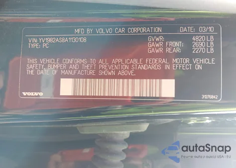 2010 Volvo S80 3.2 z USA, uszkodzony, nr VIN YV1982AS8A1130108